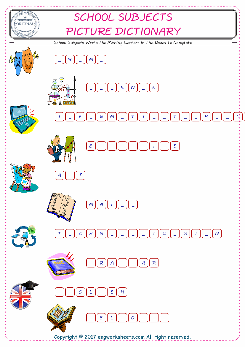  Type in the blank and learn the missing letters in the School Subjects words given for kids English worksheet. 